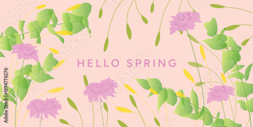 Hello Spring greeting card with hand drawn flowers and leaves, soft pastel botanical background, spring floral illustration for womens day 8 march and mothers day