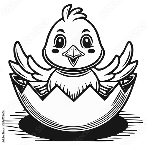 Newborn chicken hatching from broken eggshell, baby bird emergence, cute spring animal in monochrome style illustration