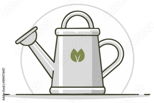 Simple vector illustration of a metal watering can with a green leaf symbol for gardening and ecology