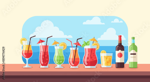 A colorful assortment of tropical cocktails and wine bottles on a bar, ocean backdrop