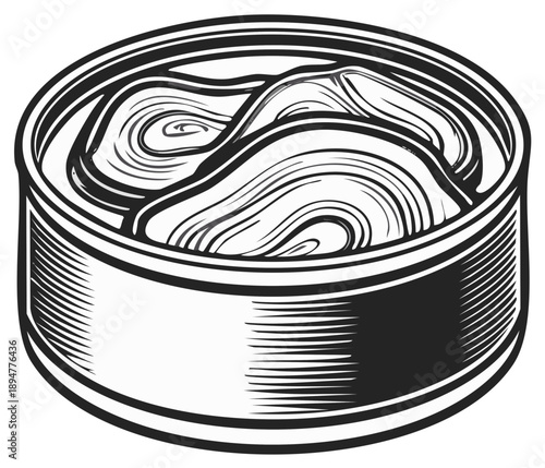 Canned Fish Black and White Engraving Food Preservation Illustration