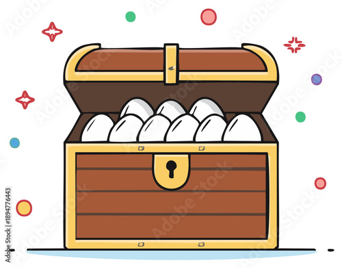 Open wooden treasure chest filled with white eggs and sparkling decorations