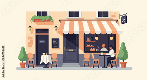 A charming cafe with outdoor seating and patrons enjoying refreshments