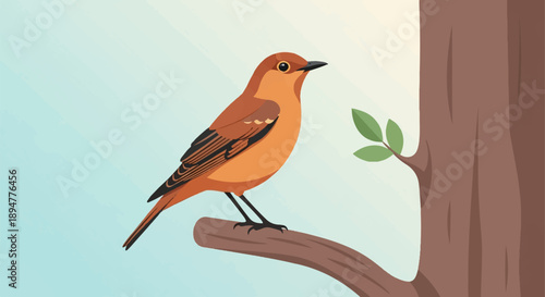 A colorful bird perches on a tree branch against a bright sky