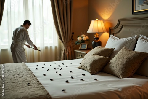 Luxurious Bedroom Photoshoot Reveals Unwanted Guests: Tiny Bed Bugs on Elegantly Adorned Linens and Décor