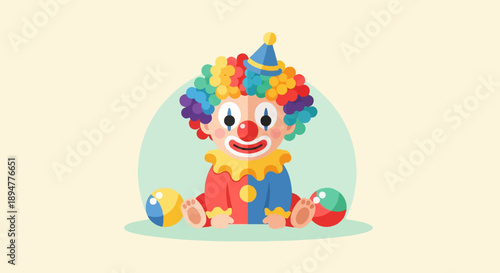 A colorful cartoon clown sits with two striped balls