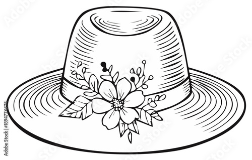 Elegant sunhat with floral decorations, vector art illustration, black and white outline drawing style