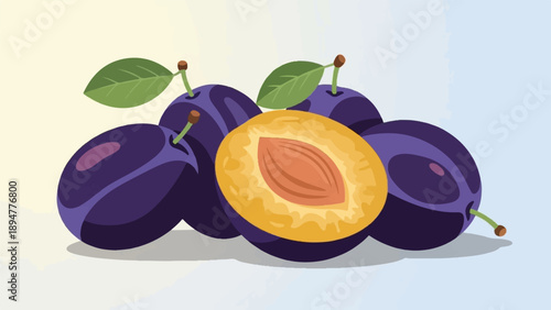 A colorful illustration of several ripe plums, one sliced to reveal its juicy interior