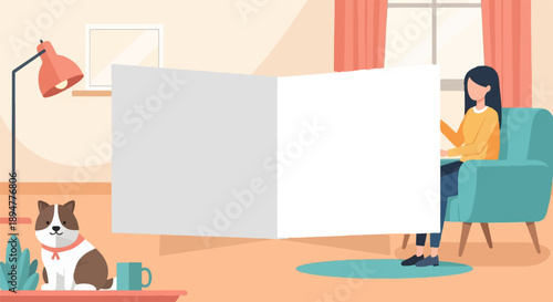 A cozy interior scene with a woman and dog enjoying a quiet moment