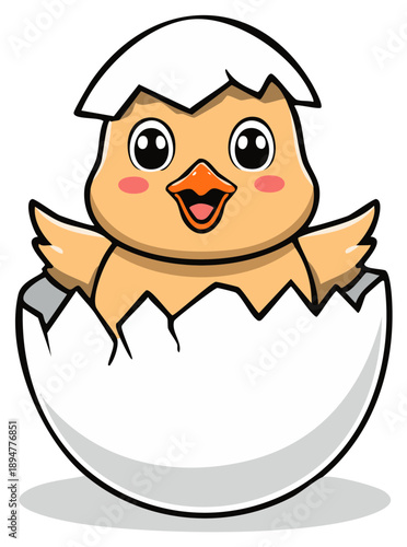 Adorable baby chick cartoon character happily hatching from a cracked eggshell