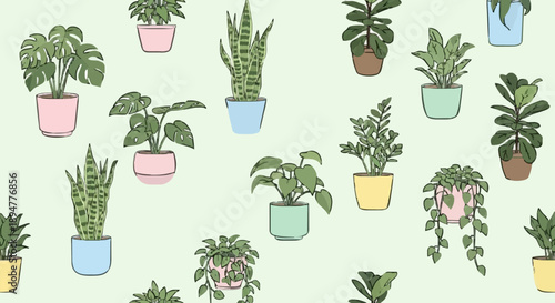 Collection of potted houseplants in pastel colored pots.