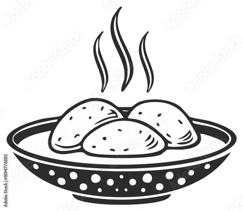 Hand drawn illustration of steaming hot food in a decorative bowl