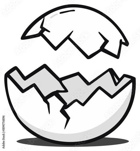 Cracked eggshell vector icon representing hatching, birth, new life, or fresh beginnings concept.
