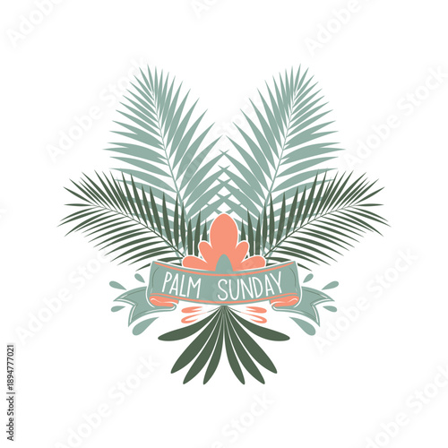 Palm Sunday Floral Emblem with Palm Leaves and Ribbon Banner Illustration