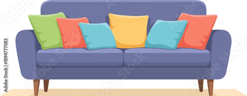 A comfortable blue sofa with an assortment of colorful throw pillows