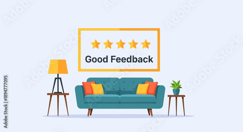 A comfortable teal sofa is centered under a five-star "Good Feedback" rating