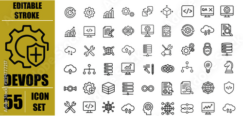 DevOps line icon set with automation, cloud, code, CI/CD, pipeline and server symbols, editable stroke outline vector icons for software development, IT infrastructure, cloud computing, continuous int