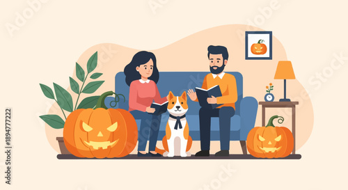 A cozy Halloween scene with a couple and dog reading books amidst pumpkins