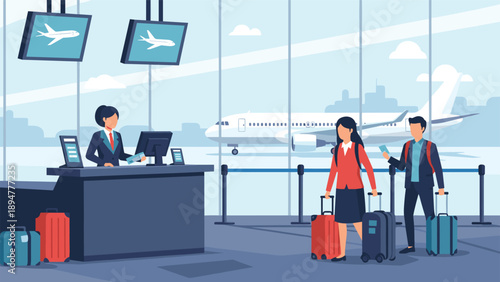 Travelers with suitcases standing at an airport check-in desk talking to a staff member with a plane in the background.