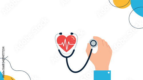 Medical professional holding a stethoscope over a red heart with a white pulse line representing cardiovascular health.