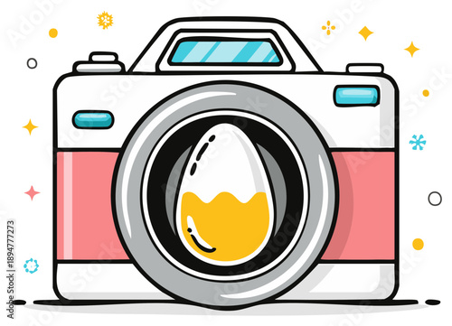 Retro Camera with Egg Inside Lens Symbolizing Photography Ideas and Creativity