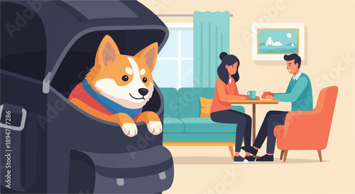 A corgi peeks from a carrier, while a couple enjoys coffee indoors