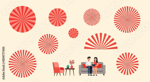 A couple sits on a sofa amidst abstract red fan-like shapes