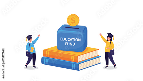 Two students in graduation gowns standing next to a large blue box labeled education fund on a pile of various books.