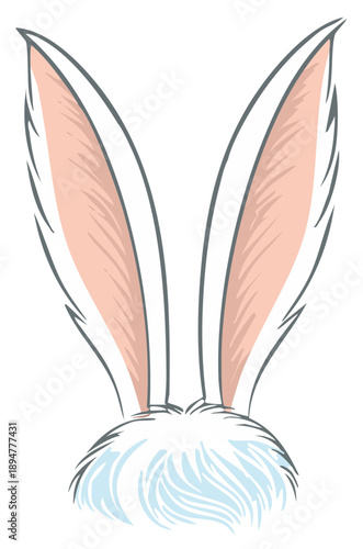 Cartoon illustration of fluffy white bunny ears with pink inner lining and a hint of blue fur