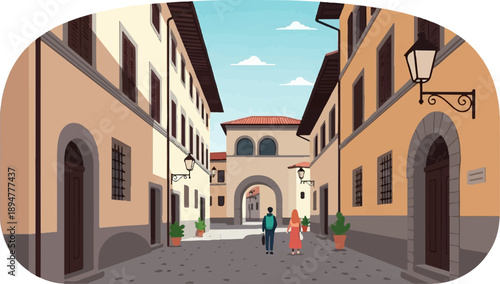 A couple walks down a cobblestone street between old buildings