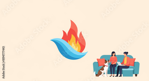 A couple and dog on sofa with laptop, beside a fiery bird logo