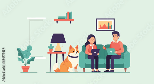 A couple and dog relax in a home office environment