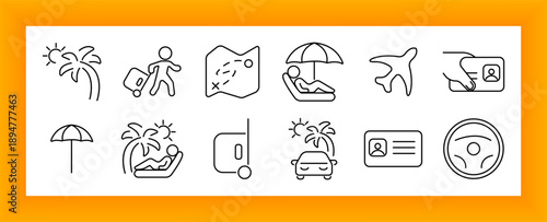 Vacation set icon. Palm trees, airplane, beach chair, map, tourist, car, umbrella, ID, steering wheel, and luggage linked to travel, holiday, and relaxation.