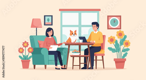A couple works on a laptop while their pet dog watches