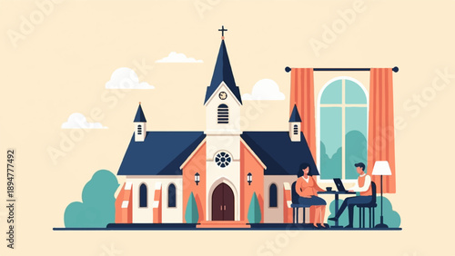 A couple works on laptops near a church with a large arched window