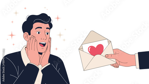 Young man looking surprised and delighted while receiving a love letter with a red heart from an anonymous admirer.