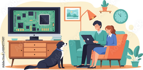 A couple works on a laptop with their dog watching a computer screen indoors