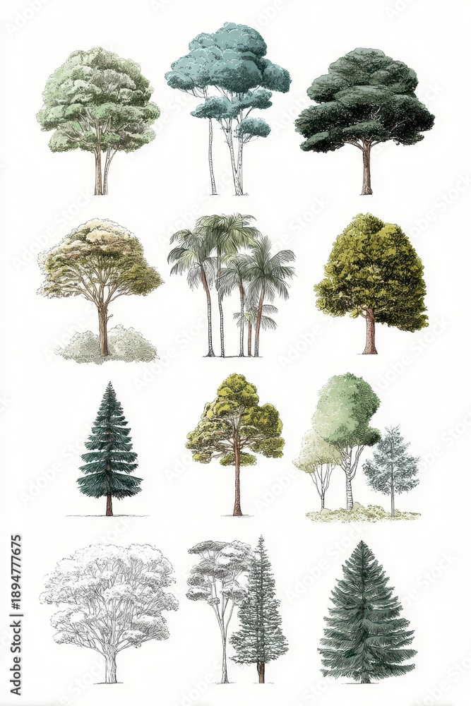 Fototapeta premium Hand-drawn illustration of diverse tree species on a white background