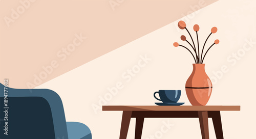 A cozy corner with a chair, a table, a vase of flowers, and a teacup