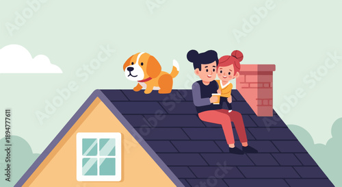 A cozy family moment with a dog on a rooftop, enjoying a drink