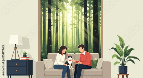 A couple and their pet dog relax on a couch, with a forest scene through the window
