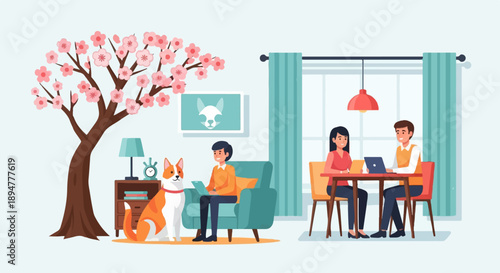 A cozy domestic scene with people, dog, tree, and laptop use