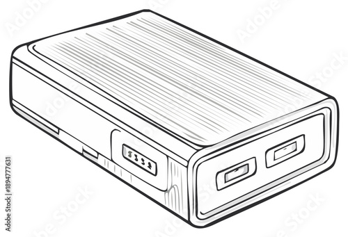 Hand drawn illustration of a portable power bank mobile battery charger with USB ports