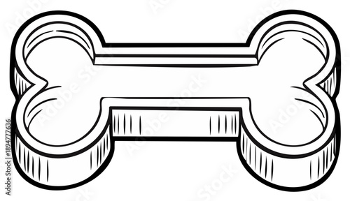 Dog bone illustration in black and white, cartoon style. Food for pets