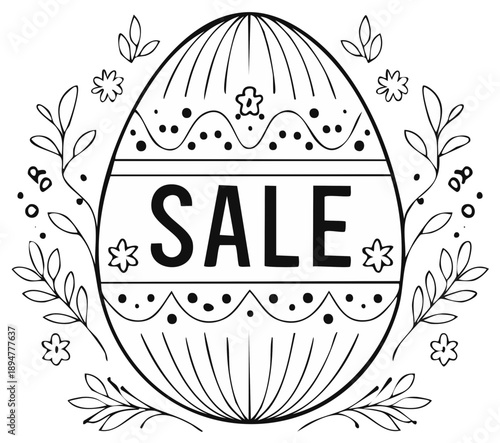 Hand drawn easter egg with sale announcement and floral decorations line art design