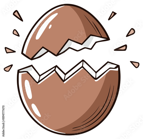 Brown cracked eggshell cartoon illustration depicting a breaking hatching or new beginning concept