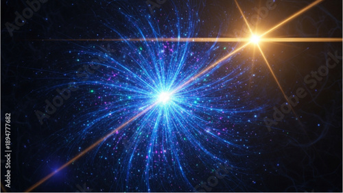 Vibrant explosion of blue light in space with radiant beams and stars