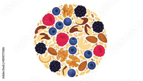 Variety of healthy food items including berries and nuts arranged in a perfect circle on a plain white background.