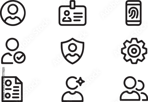 A collection of simple line icons related to user profile identification security settings and documents