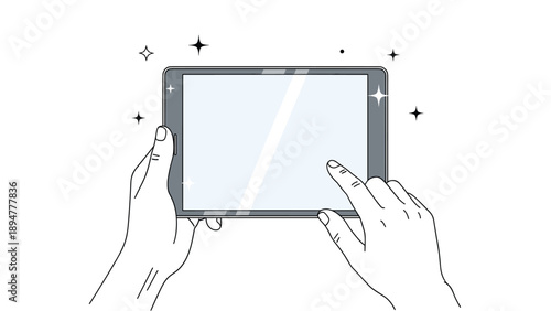 Human hands interacting with a blank glowing tablet screen surrounded by sparkling stars against a white background.